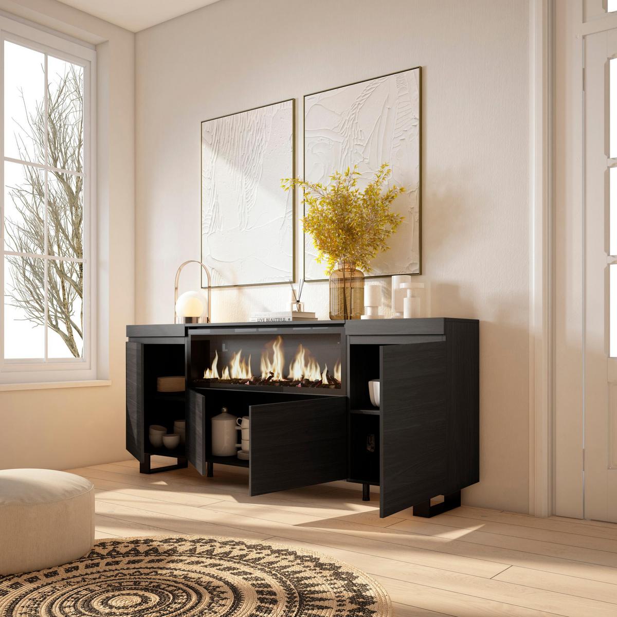 SIDEBOARD, Elektrokamin XXL, schwarz, 208/35/87cm - Schwarz, Holzwerkstoff (208/87/35cm) - Skraut Home