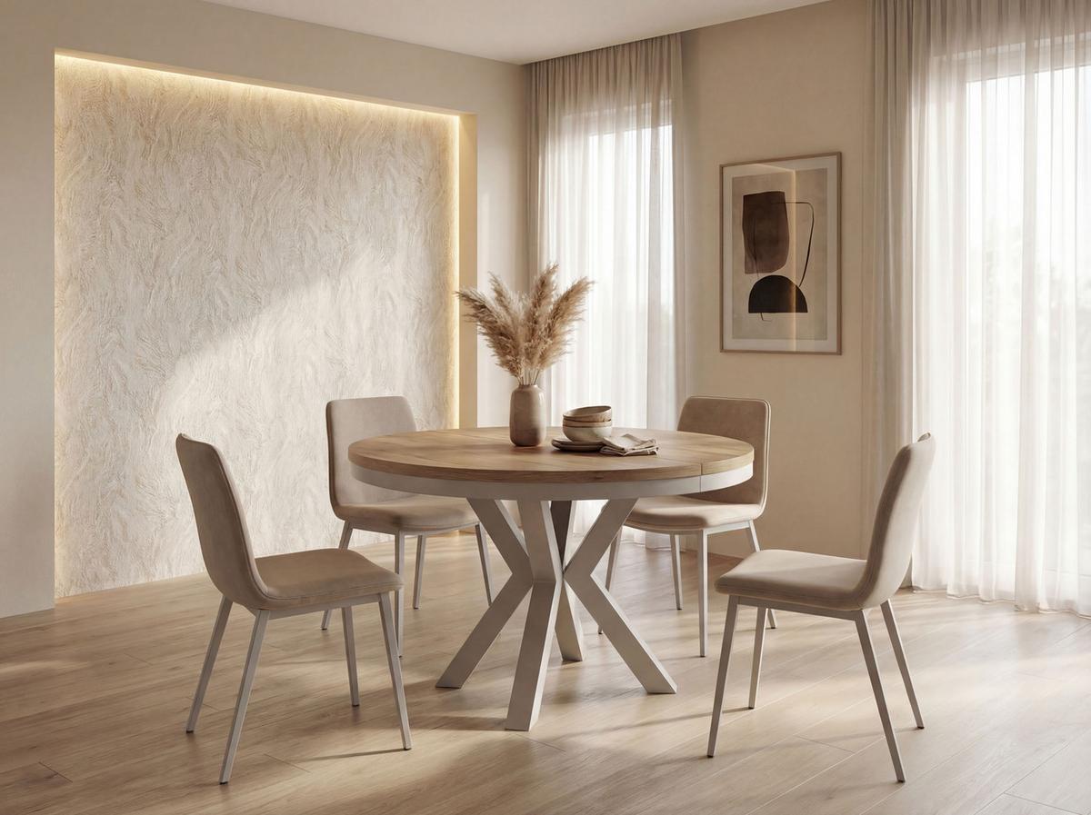 ESSTISCH Clara grau-beige runder ausziehbarer, Lancelot Eiche 120-200/120/76 cm - Greige/Eichefarben, Holzwerkstoff/Metall (120/196/76cm) - WFL GROUP
