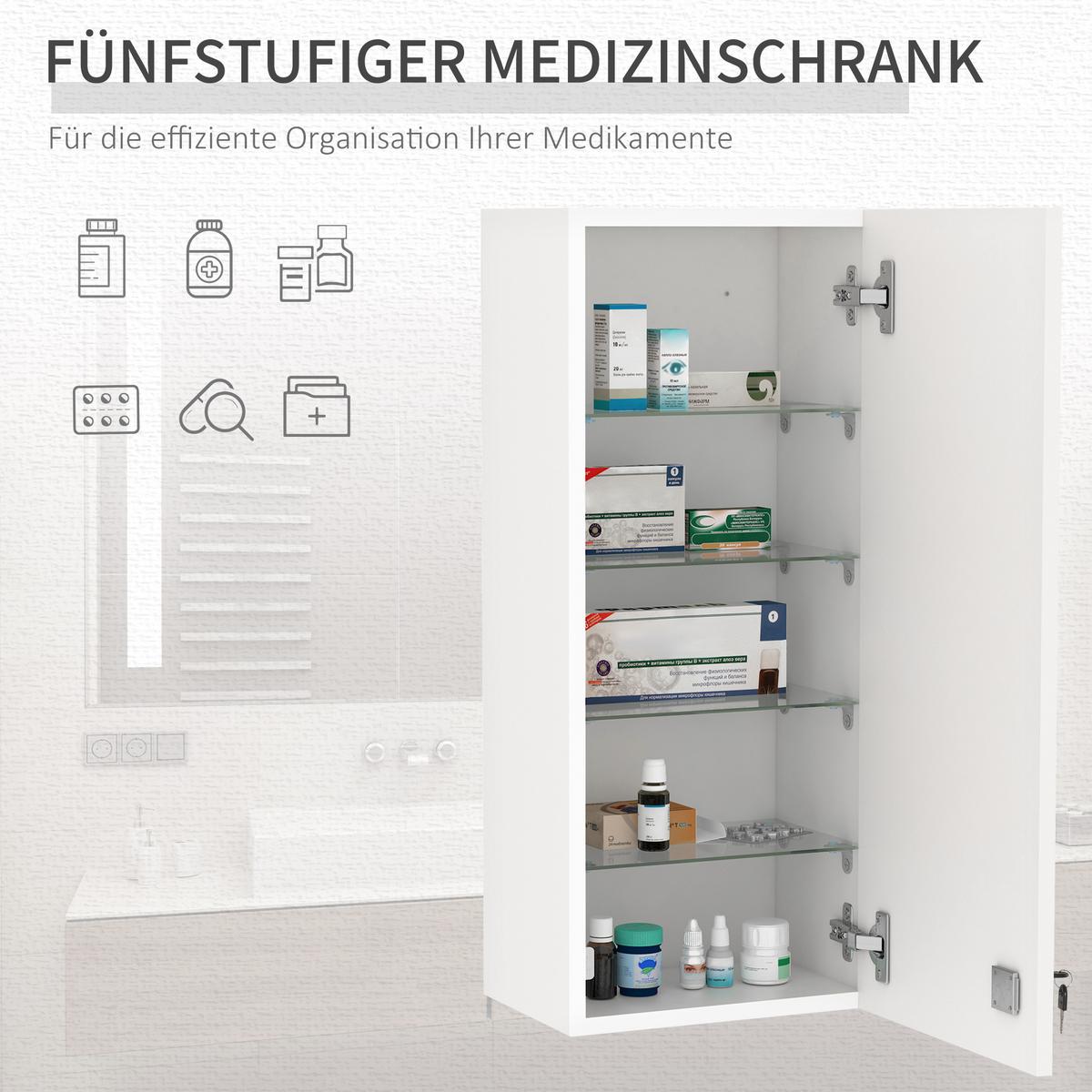 MEDIZINSCHRANK Arzneischrank mit Ablage abschließbarer Hängeschrank Weiß - Weiß, Glas (20/70/30cm) - Kleankin