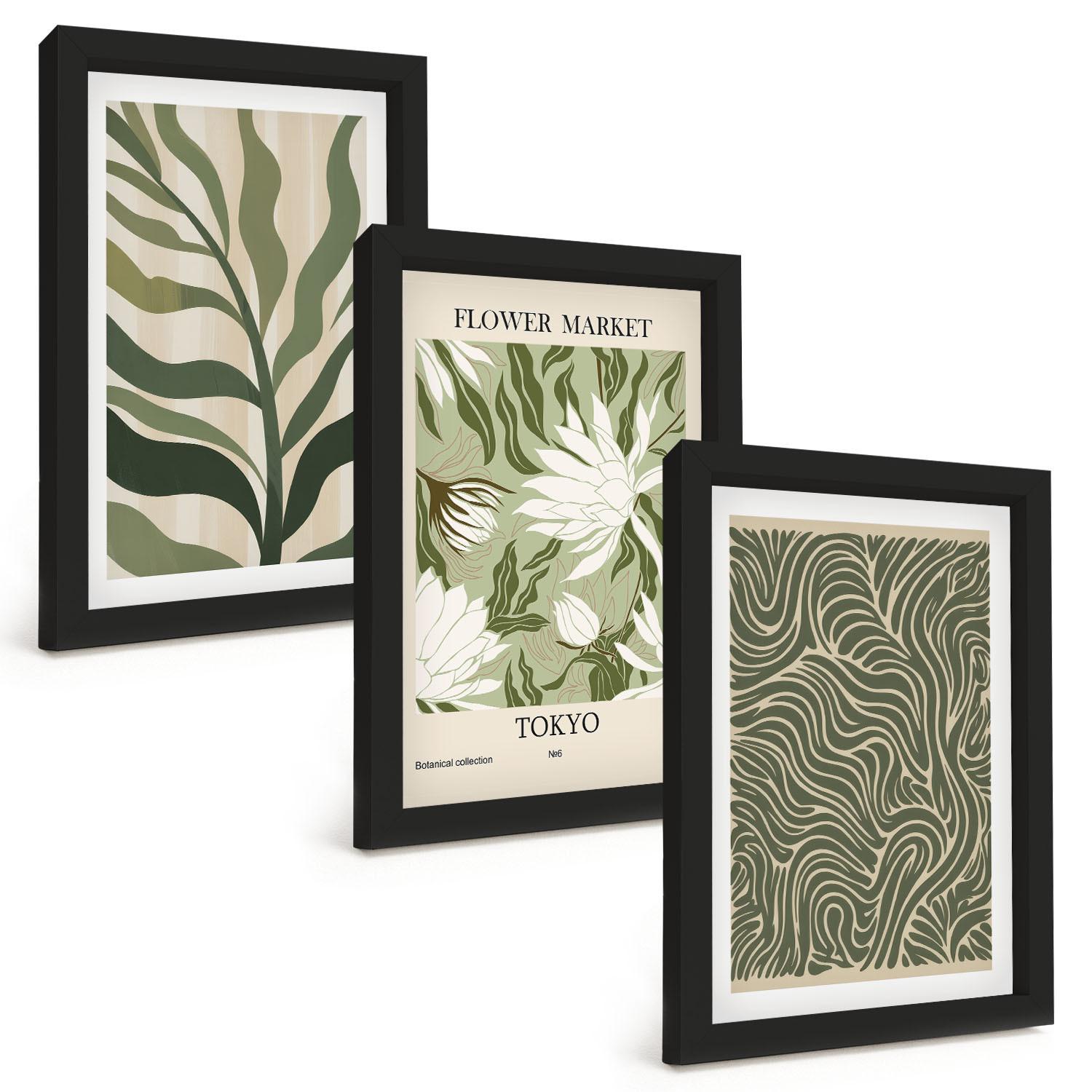 BILDER SET 3er Set - 20x30 cm Schwarzer Rahmen - Pflanzenmuster, Boho-Dekorationen - Schwarz, Kunststoff (20/30cm) - TULUP