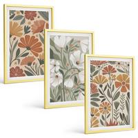 BILDER SET 3er Set - 40x60 cm Goldrahmen - Blumenmuster in Orange und Grün - Goldfarben, Kunststoff (40/60cm) - TULUP