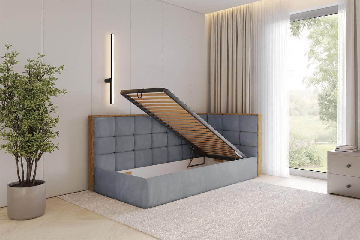 EINZELLBETT Jugendbett mit Bettkasten und Matratze H3/H4, Links - SOVY 90x200 Grau - Grau, Holzwerkstoff/Textil (90/200cm) - ALTDECOR
