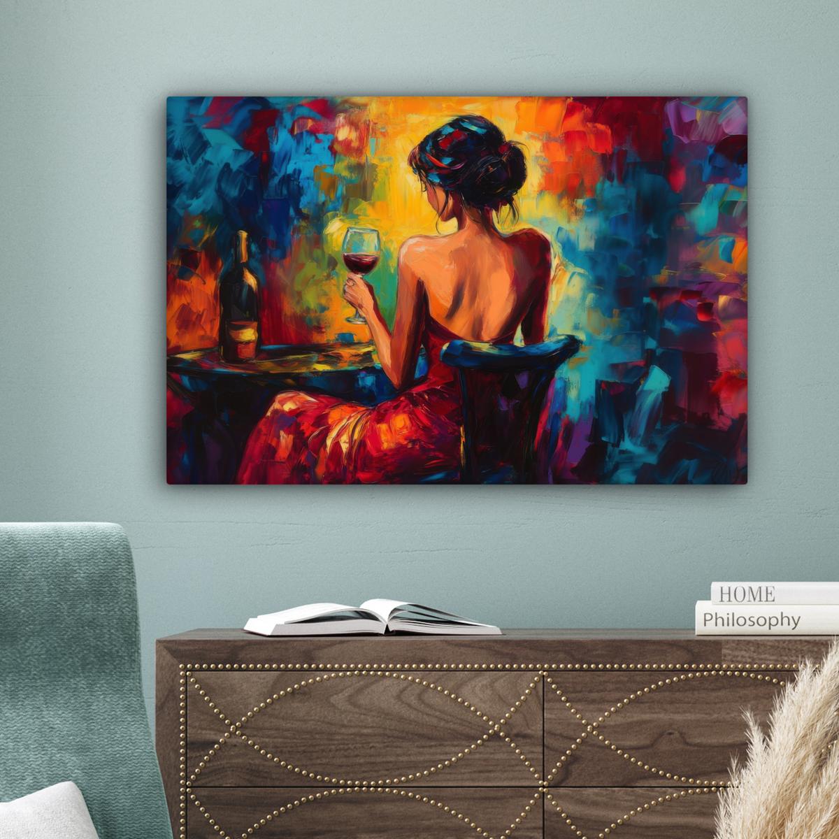 LEINWANDBILD Wein - Frau - Stimmungsvoll - Farbenfroh Wanddeko 90x60 cm - Bordeaux, Textil (90/60cm) - MuchoWow