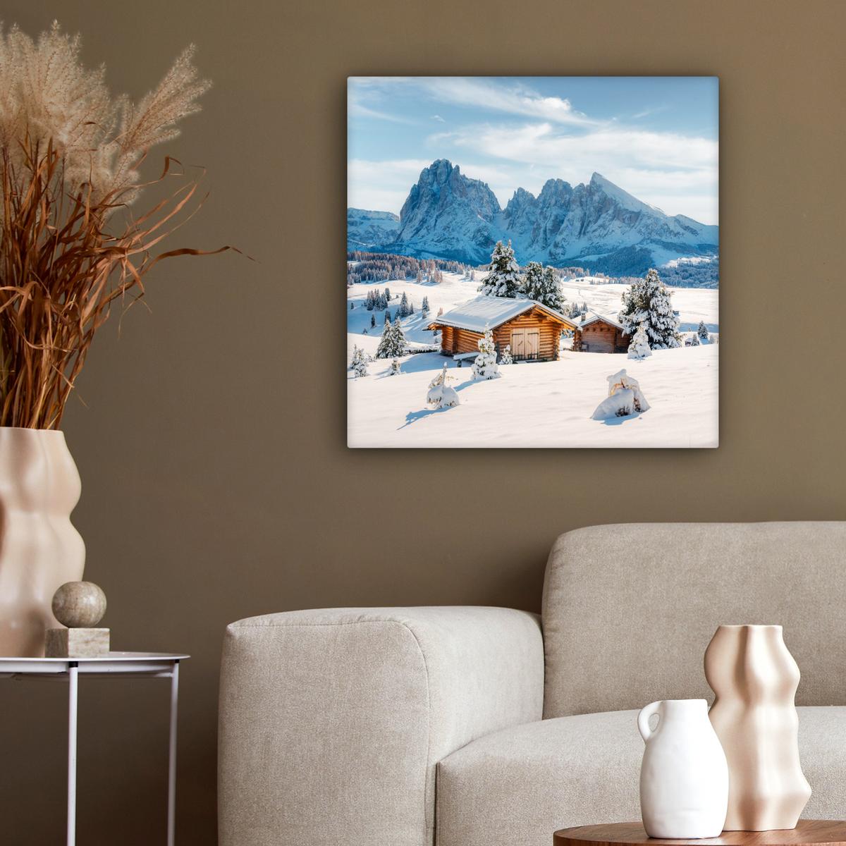 LEINWANDBILD Winter - Hütte - Berge - Aussicht - Schnee Wandbild Wohnzimmer 50x50 cm - Eichefarben, Textil (50/50cm) - MuchoWow