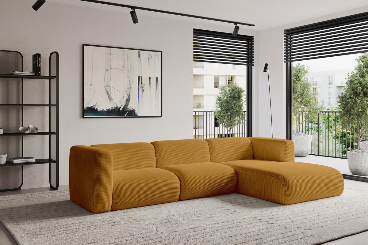 ECKSOFA Ottomane Rechts MIRA-L1 227x179x89 Senfgelb Cord - Currygelb/Schwarz, Holzwerkstoff/Kunststoff (227/179cm) - ALTDECOR