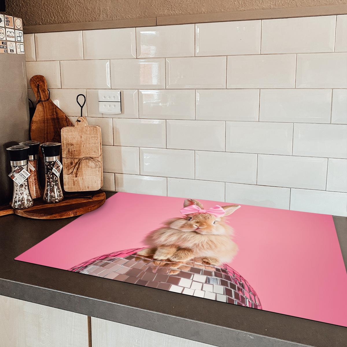 HERDABDECKPLATTE Schleife - Discoball - Kaninchen Ceranfeldabdeckung 80x52 cm - Pink, Kunststoff (80/52/0.2cm) - MuchoWow