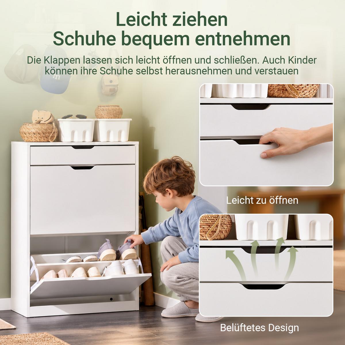 SCHUHSCHRANK mit 2 Klappen und 1 Schublade, Weiß 60x90x30cm - Weiß, Holzwerkstoff (60/90/30cm) - SoBuy