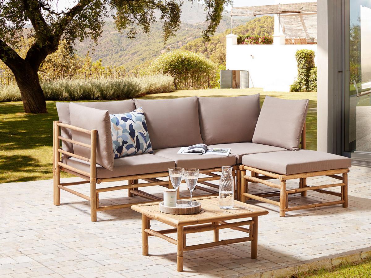 LOUNGE SET 4-Sitzer Bambusholz hellbraun 3-teilig Auflagen taupe Cerreto - Taupe, Holz - Beliani