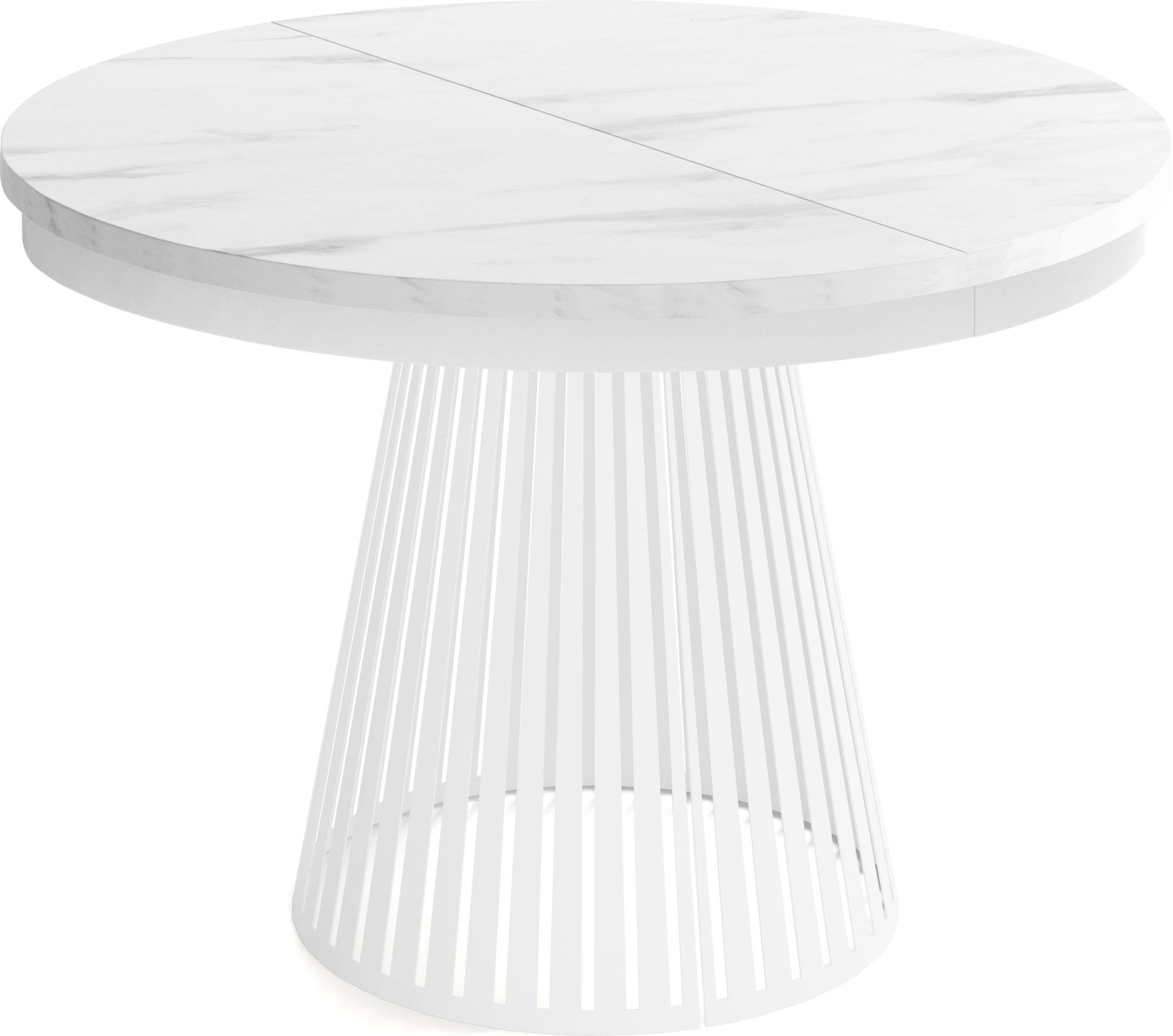 ESSTISCH Naro rund ausziehbar mit Weißem Lamellen-Metallgestell, Marmor Weiß 100-180/100/76 cm - Ecru/Weiß, Holzwerkstoff/Metall (100/176/76cm) - WFL GROUP