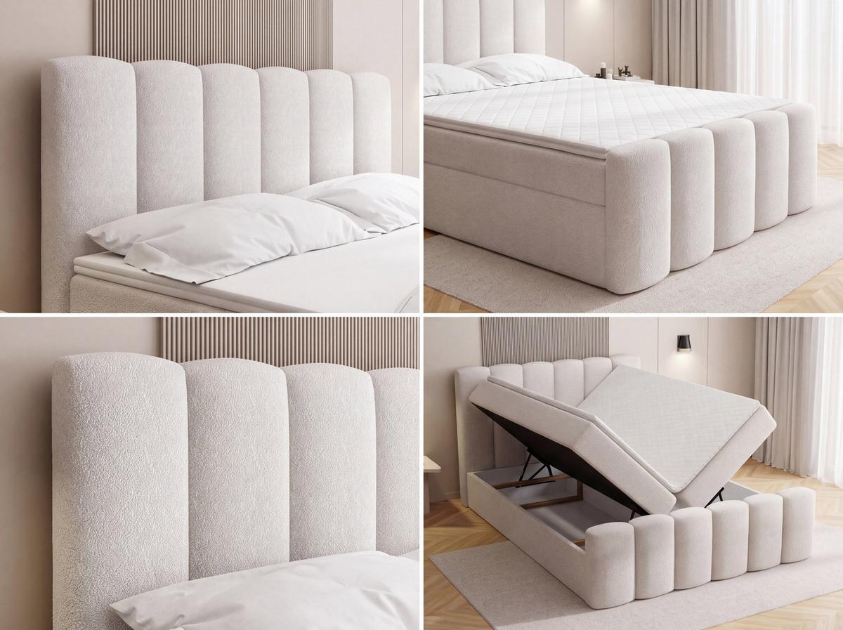 BOXBETT Serenity mit Bettkasten, Boucle Creme 120x200 cm – inkl. H4 Taschenfederkern Matratze & Foam Topper - Creme/Schwarz, Holz/Holzwerkstoff (120/200cm) - WFL GROUP