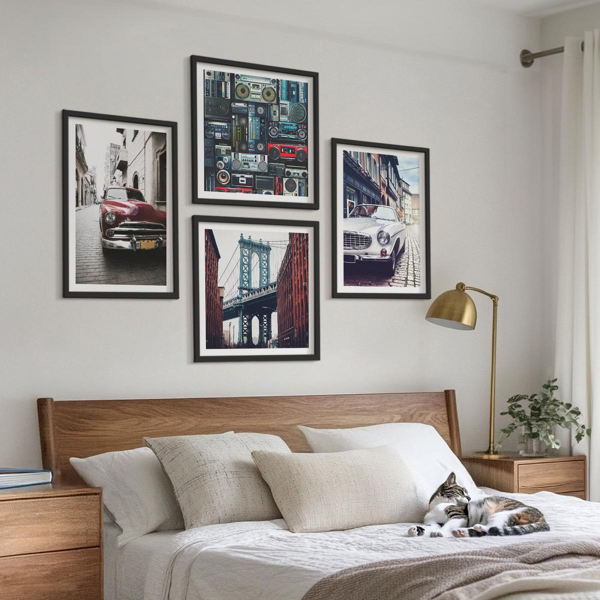 BILDER SET 4er Set - 50x50 cm & 40x60 cm Schwarzer Rahmen - Old Cars Brooklyn Retro-Audio - Schwarz, Kunststoff (50/50cm) - TULUP