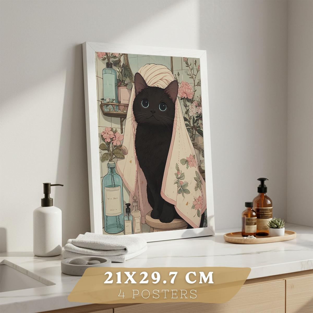 POSTER 4er-Set dekorative Kunstdrucke, schwarze Katze im Badezimmer, niedliches Blumenposter für Toilette, Schlafzimmer, sanfter Rahmenlos A4 - Klar, Papier (29.7/21/3cm) - Nacnic
