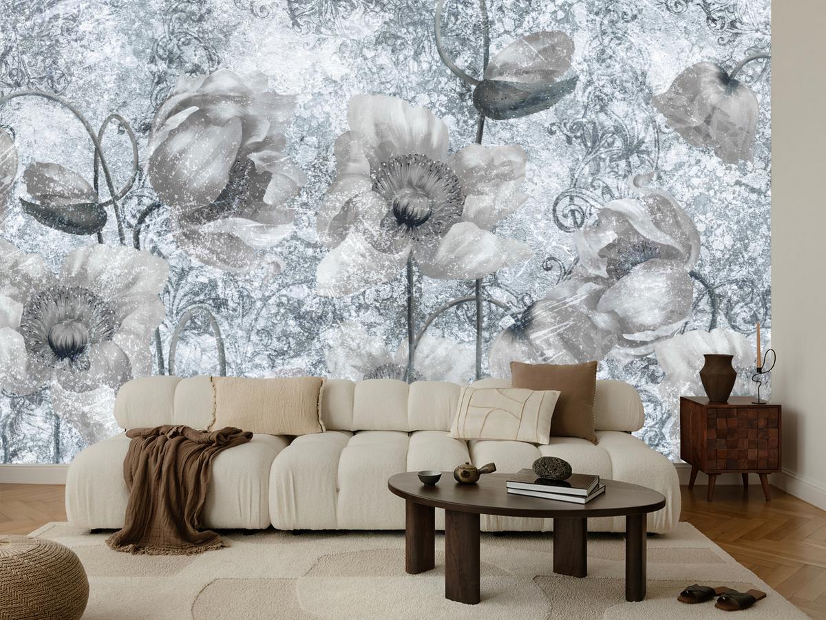 FOTOTAPETE für Wohnzimmer Grau Mohnblumen Beton Blumen Blätter 250x175 - Grau, Papier (250/175cm) - Muralo