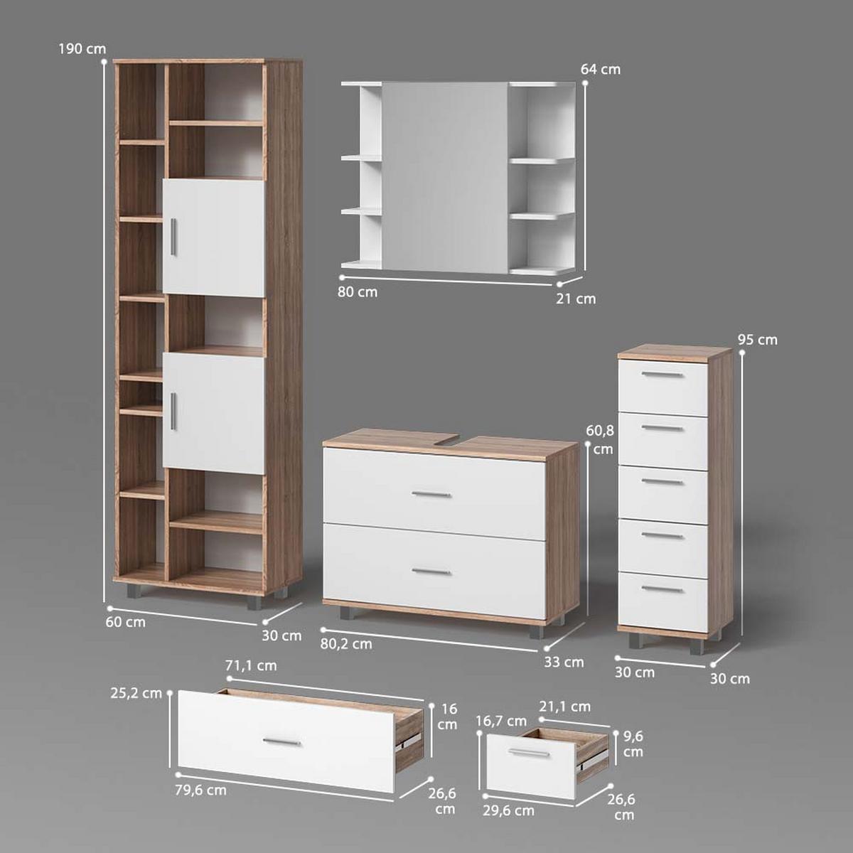 BADMÖBEL-SET Eisak Weiß/Sonoma 4 Teile, mit Hochschrank - Weiß/Sonoma Eiche, Holzwerkstoff (80/60/33cm) - Livinity®