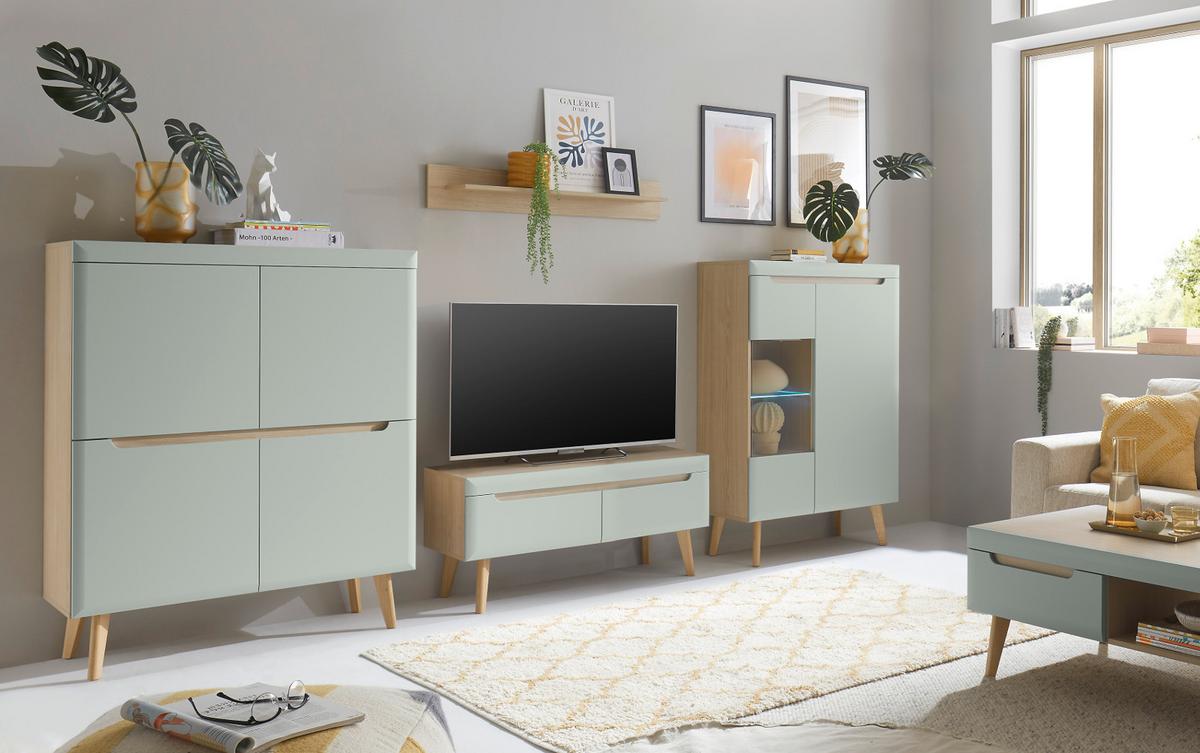 WOHNWAND 4-teilig pistazie grün, Eiche, skandinavisch 344 cm, Wohnkombination mit Soft-Close - Eichefarben/Pastellgrün, Glas/Eichenholz (344/170/40cm) - Furn.Design
