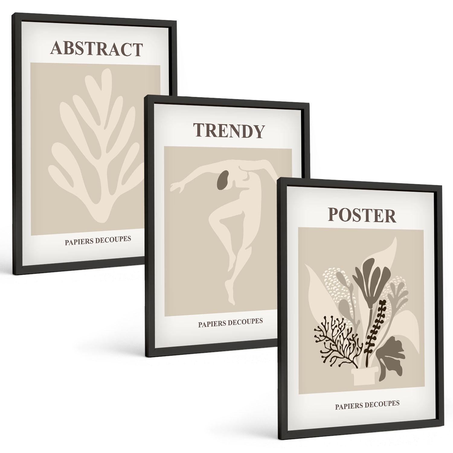 BILDER SET 3er Set - 40x60 cm Schwarzer Rahmen - Blumenmuster beige braun - Schwarz, Kunststoff (40/60cm) - TULUP