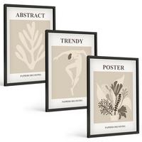 BILDER SET 3er Set - 40x60 cm Schwarzer Rahmen - Blumenmuster beige braun - Schwarz, Kunststoff (40/60cm) - TULUP