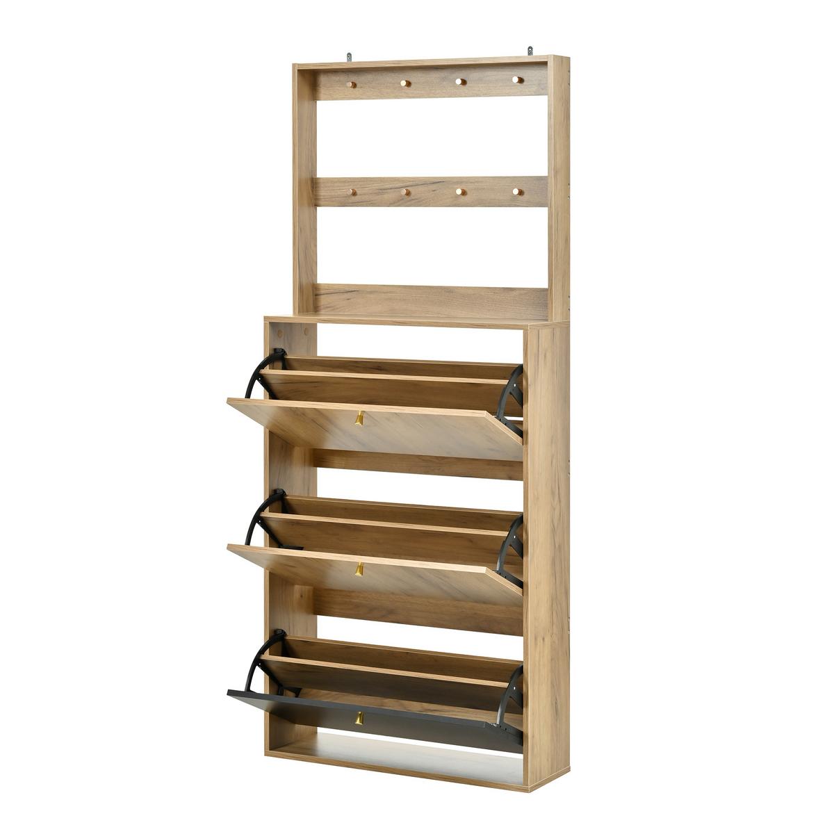 SCHUHSCHRANK mit schuhschrank, 3 klappfächer und garderobenhaken - Naturfarben, Holzwerkstoff (75/180/24cm) - Urban Meuble