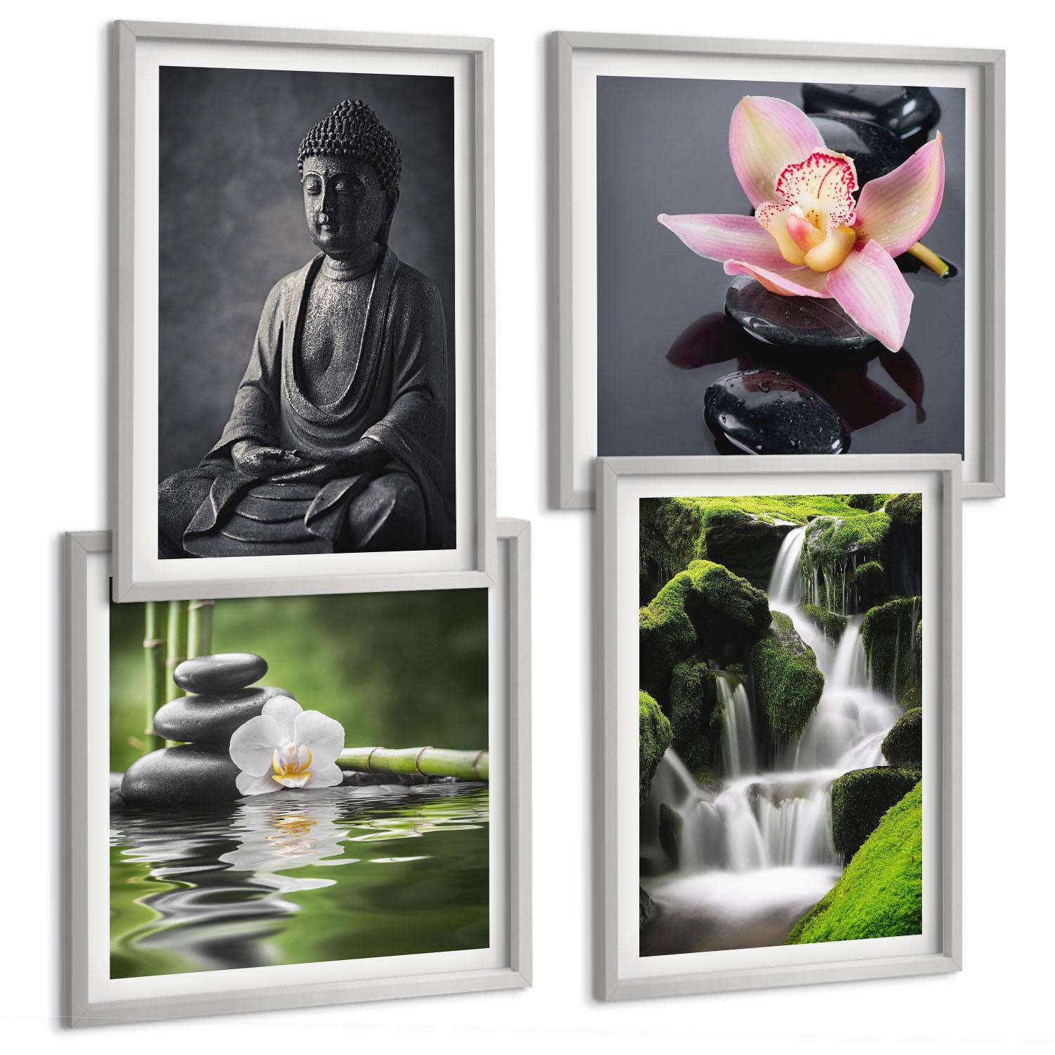 BILDER SET 4er Set - 50x50 cm & 40x60 cm Silberner Rahmen - Zen-Gemälde, Wassersteine, Buddha - Silberfarben, Kunststoff (50/50cm) - TULUP