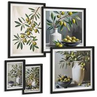 BILDER SET 5er Set - 50x50 cm & 20x30 cm & 40x60 cm Schwarzer Rahmen - Oliven in grauen Vasen - Schwarz, Kunststoff (40/60cm) - TULUP