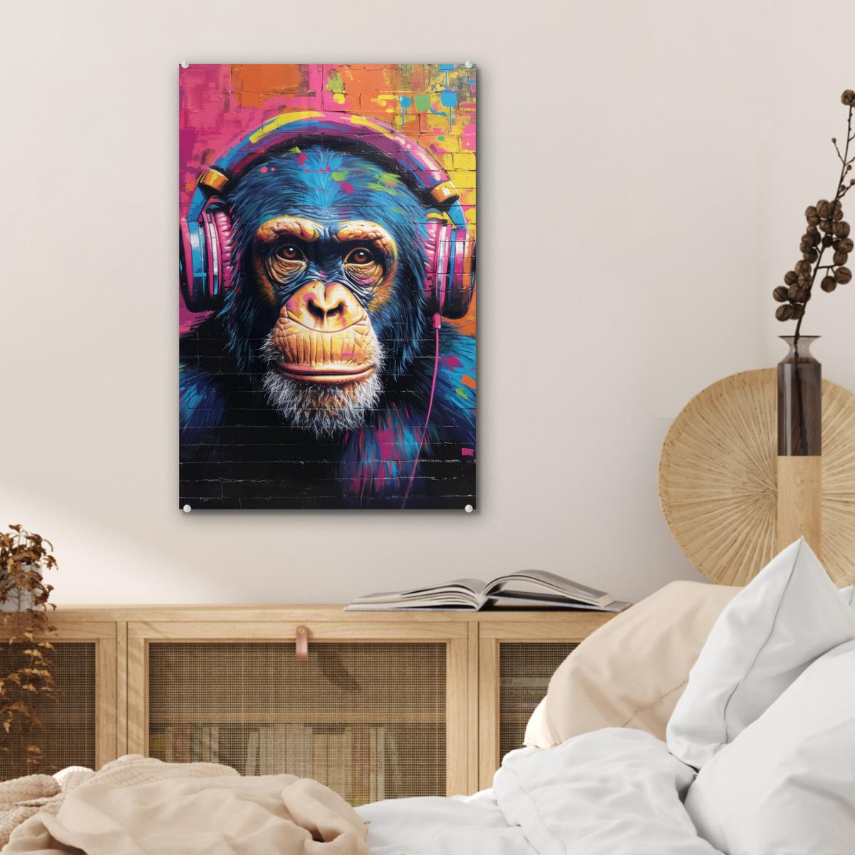ACRYLGLASBILD Graffiti - Schimpanse - Straßenkunst - Kopfhörer - Affe Wanddeko Wohnzimmer 40x60 cm - Blau, Glas (40/60cm) - MuchoWow
