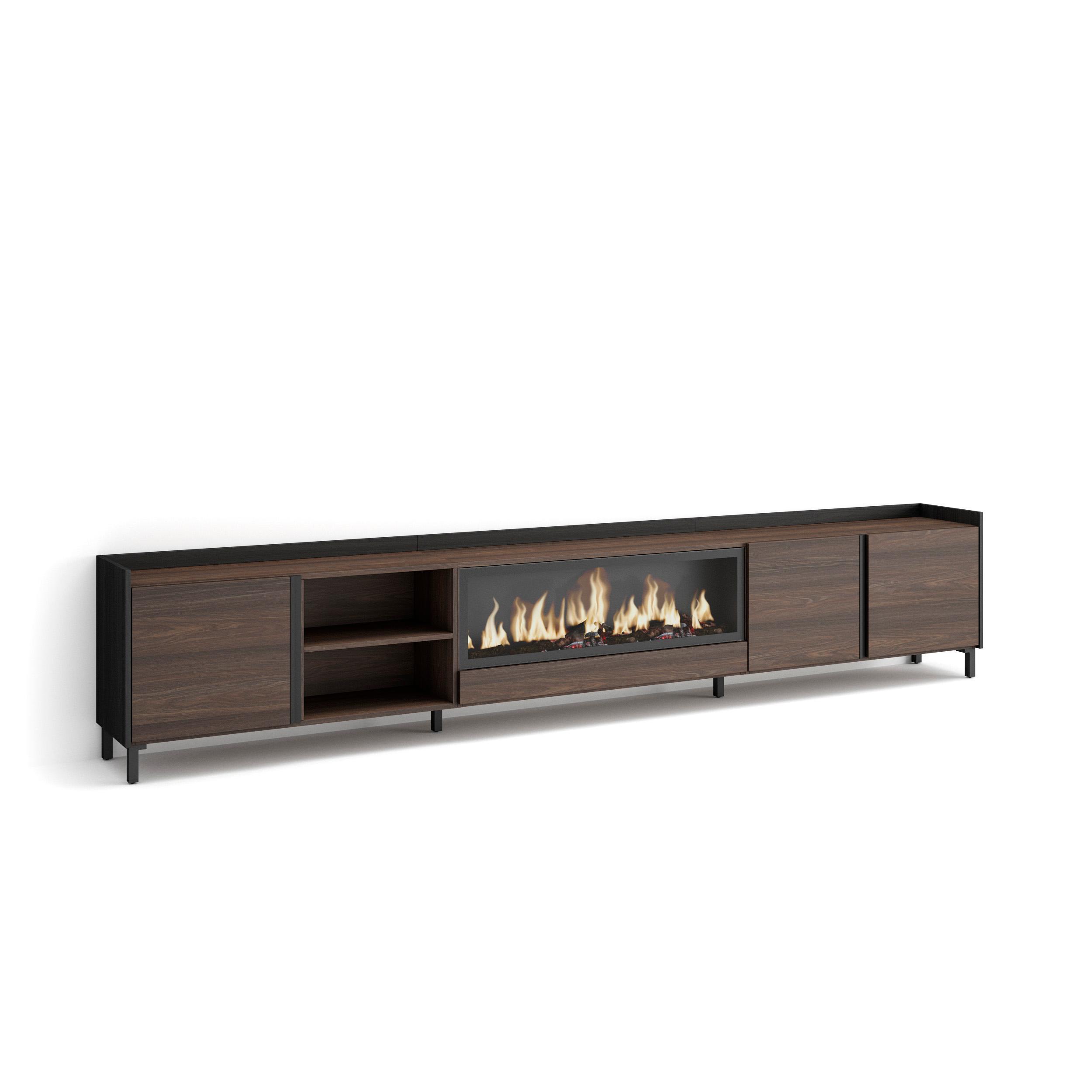 LOWBOARD, Eiche und Schwarz, 315/35/61cm, Kamin mit Feuereffekt XXL - Dunkelbraun, Holzwerkstoff (315/61/35cm) - Skraut Home