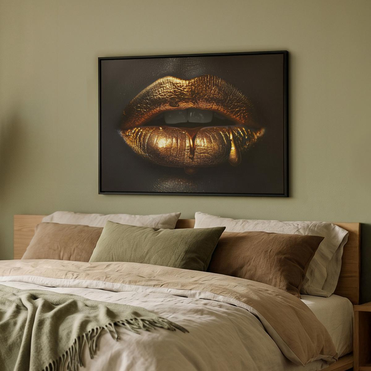 LEINWAND Bilder mit Rahmen - Frau - Porträt - Lippen - Gold - Schwarz - 70x50 - Schwarz, Textil (70/50cm) - MuchoWow