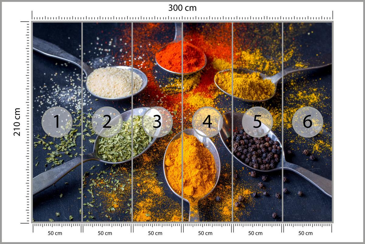 FOTOTAPETE für Küche Gewürzlöffel Orientalisch Curry Kurkuma Pfeffer 300x210 - Beige/Rot, Papier (300/210cm) - Muralo