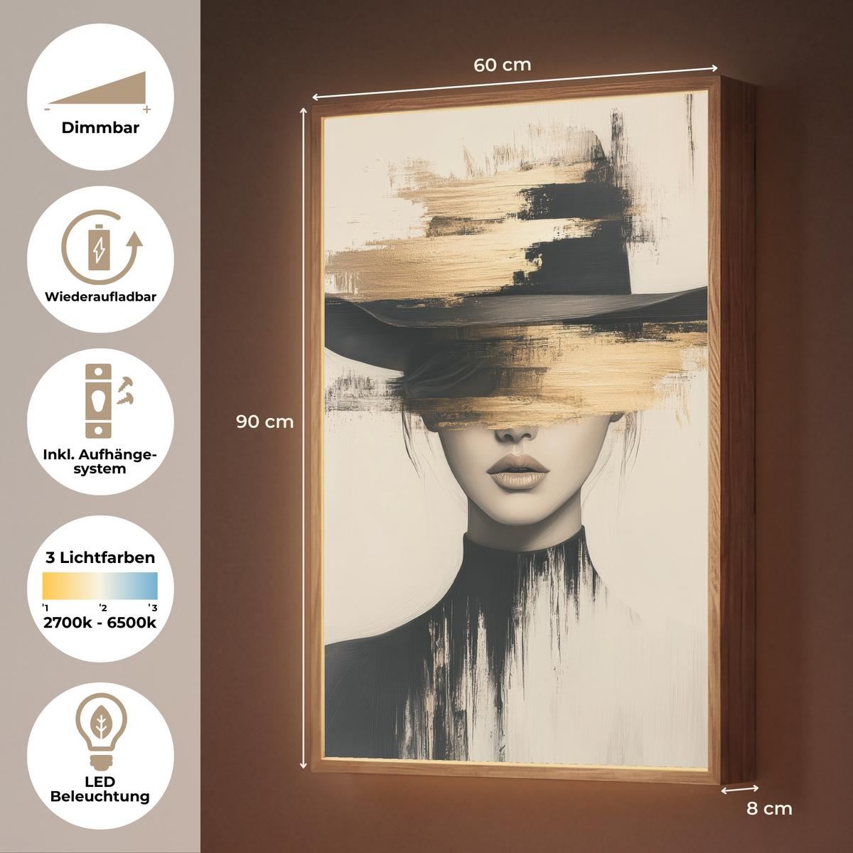 WANDLEUCHTE MIT AKKU Frau - Hut - Farbe 60x90 cm - Creme, Holzwerkstoff (60/90/8cm) - OnlyWow
