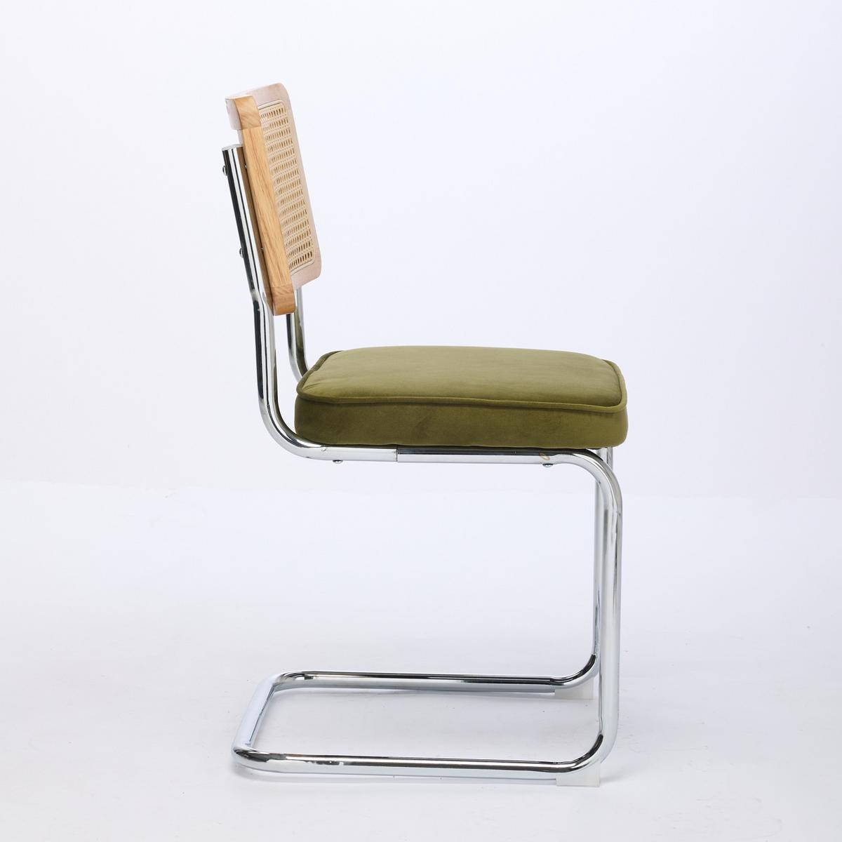 ESSZIMMERSTUHL Set 2er Olivgrün Samt & Rattan Freischwinger mit Chromgestell - Olivgrün, Textil (59/81/47cm) - Urban Meuble