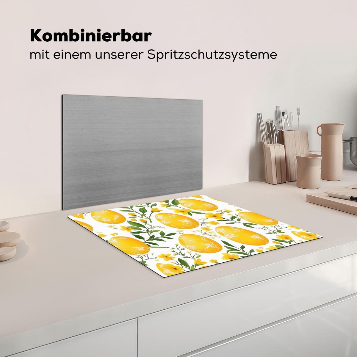 HERDABDECKPLATTE Blumen - Ostereier - Gelb Abdeckung Ceranfeld 58.3x51.3 cm - Gelb, Kunststoff (58.3/51.3/0.2cm) - MuchoWow