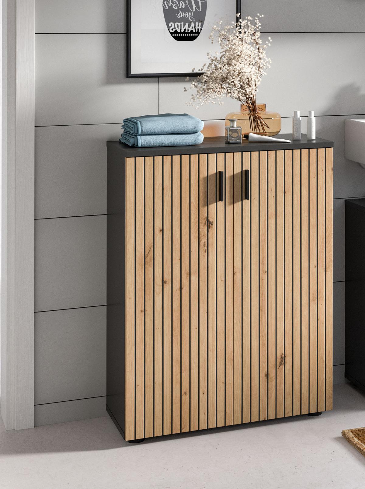 KOMMODE Eiche, grau 60 cm, Badschrank mit Rillen-Optik - Schwarz/Eiche Artisan, Holzwerkstoff/Kunststoff (60/81/30cm) - Inn.Furn
