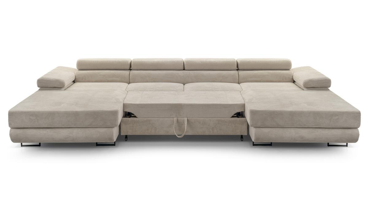 WOHNLANDSCHAFT GIULIO Beige Velours-Stoff mit Schlaffunktion - Beige, Holz (352/90/202cm) - MASSENO