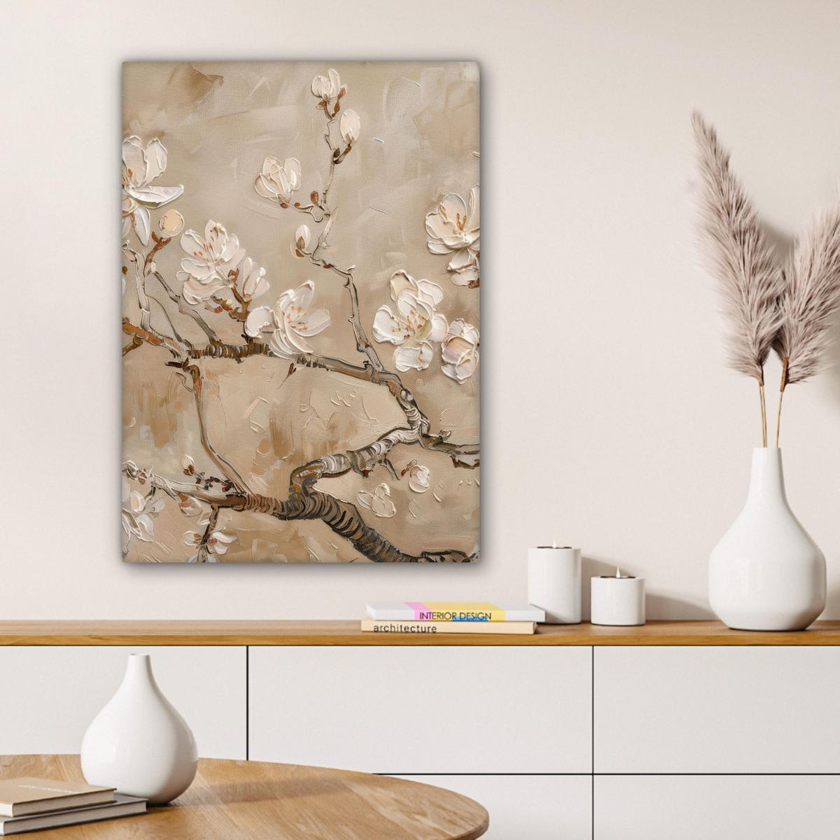 LEINWANDBILD Blumen - Modern - Beige - Weiß - Blüte Wandbild Wohnzimmer 60x80 cm - Beige, Textil (60/80cm) - MuchoWow