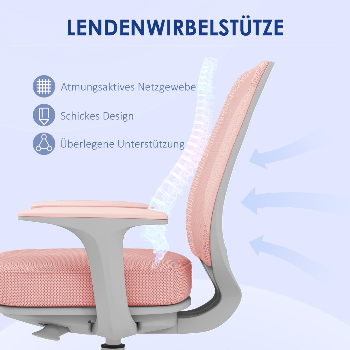 BÜROSTUHL, Ergonomisch Schreibtischstuhl mit Drehfunktion, Höhenverstellbar - Rosa/Weiß, Kunststoff/Textil (48/94.5/55cm) - Vinsetto