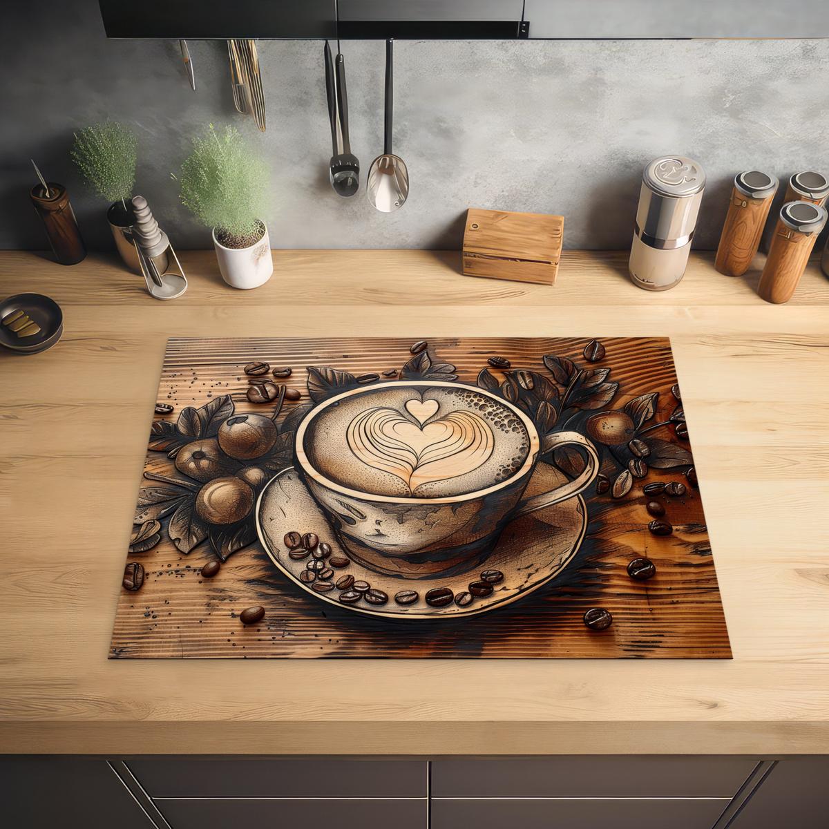 HERDABDECKPLATTE Kaffee - Vintage - Braun - Tasse - Holz Induktionsmatte 71x52 cm - Cappuccino, Kunststoff (71/52/0.2cm) - MuchoWow