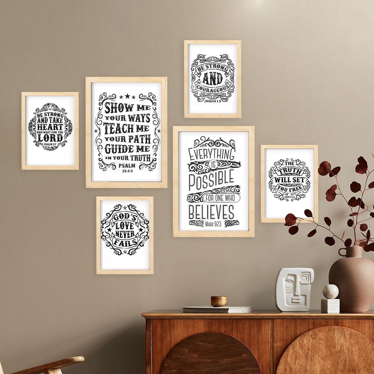 POSTER Set Mit 6 Biblisch In Rustikale Zitate A3 & A4 Rahmen Aus Hellem Holz - Beige, Papier (29/3cm) - Nacnic