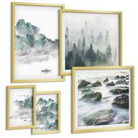BILDER SET 5er Set - 50x50 cm & 20x30 cm & 40x60 cm Goldrahmen - Sommerwiesenblumen Sonnenuntergang - Goldfarben, Kunststoff (40/60cm) - TULUP