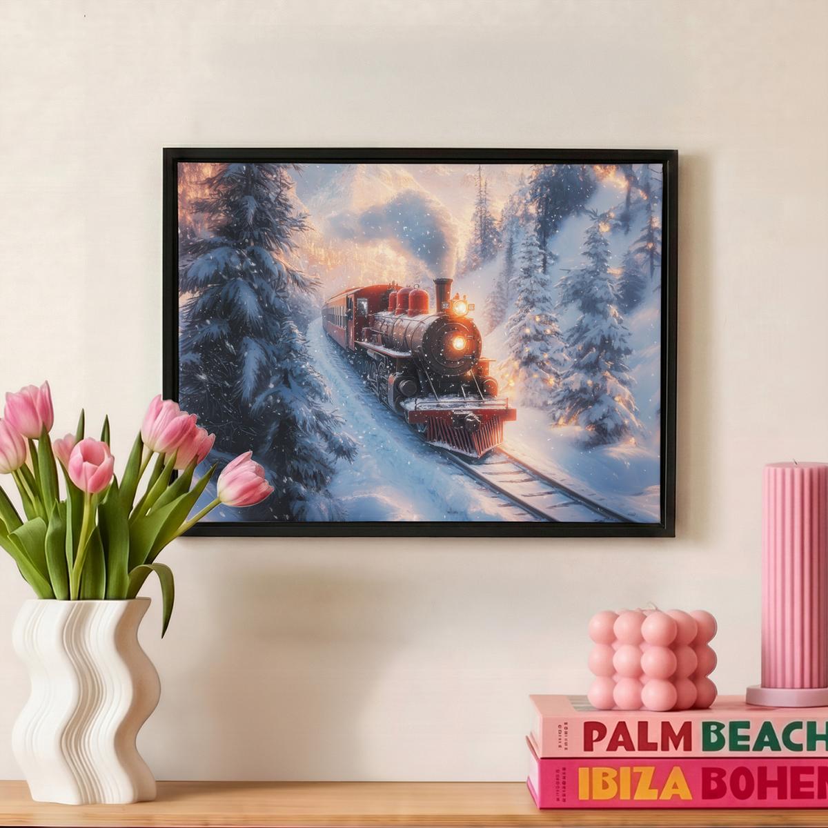 LEINWAND Bilder mit Rahmen - Weihnachtszug - Schnee - Winter - Weihnachten - 40x30 - Dunkelrot, Textil (40/30cm) - MuchoWow