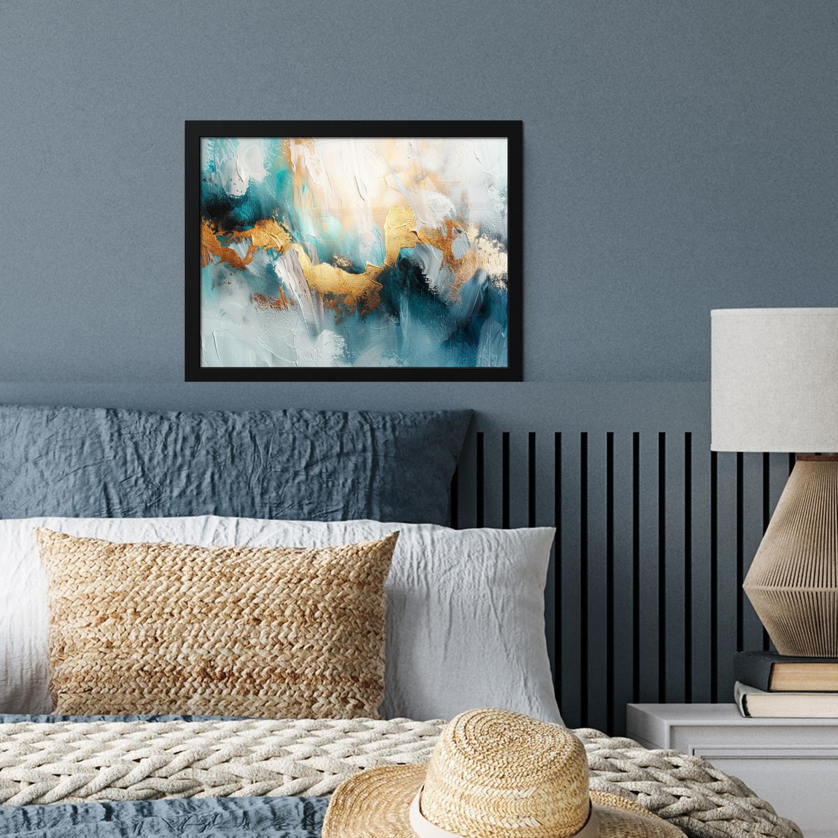 POSTER MIT RAHMENGERAHMTES BILD Abstrakt - Kunst - Gold - Blau 40x30 cm - Petrol, Papier (40/30cm) - MuchoWow