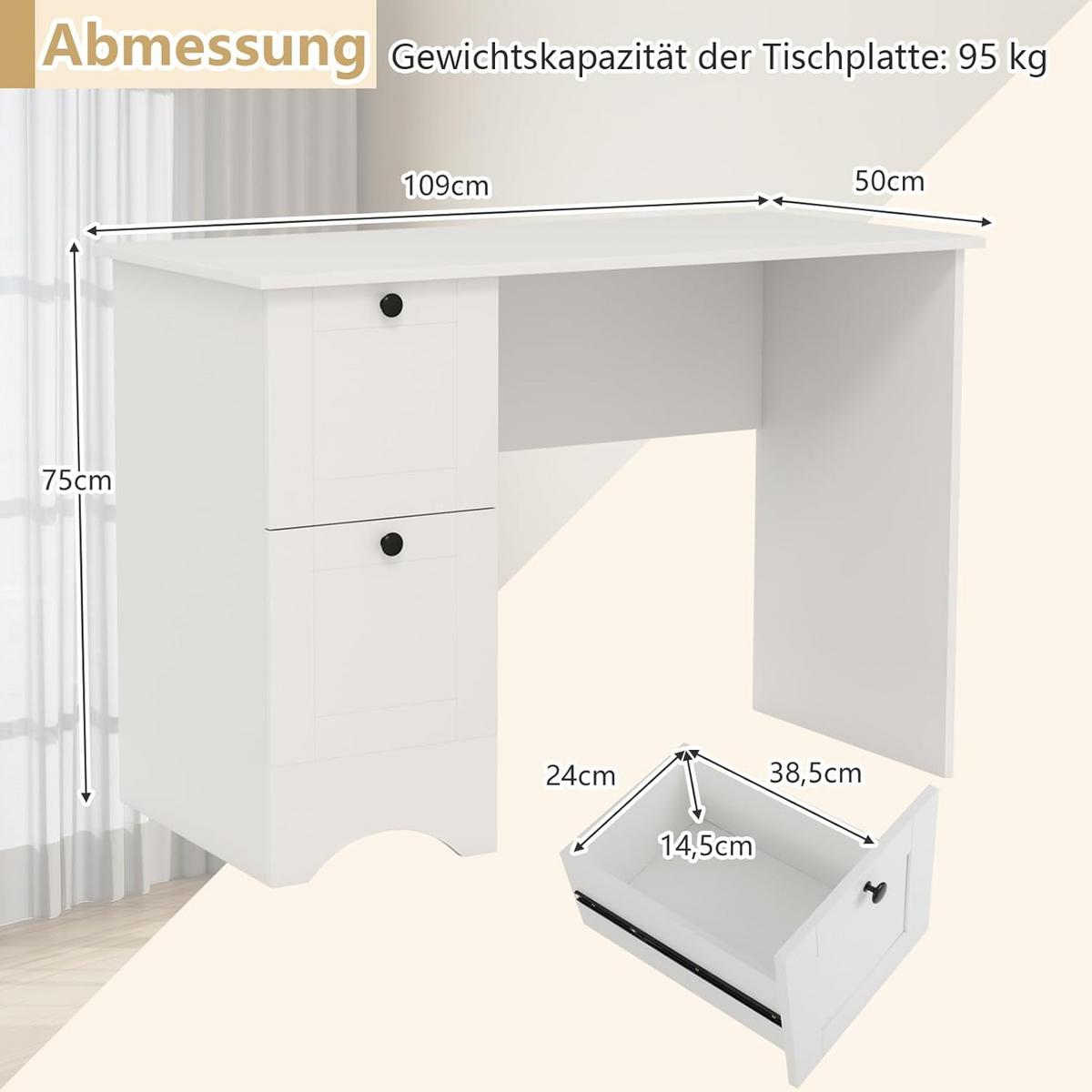 COMPUTERTISCH weiß - Weiß, Holzwerkstoff (50/109/75cm) - COSTWAY