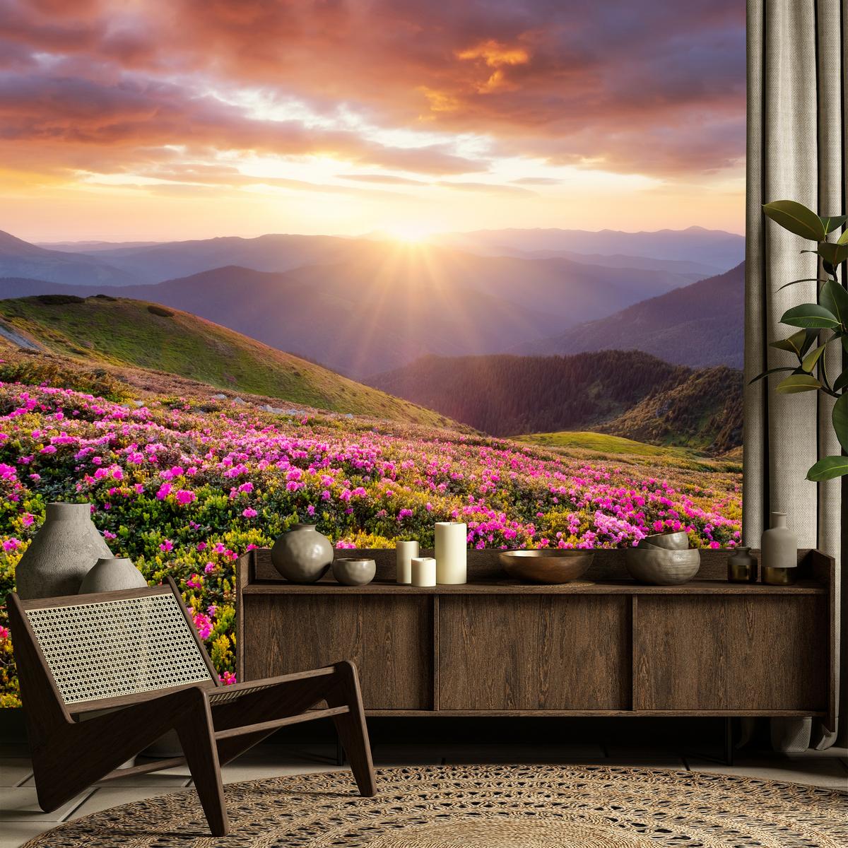 FOTOTAPETE für Wohnzimmer Sonnenuntergang Berge Wiese Blumen 400x280 - Violett/Rosa, Papier (400/280cm) - Muralo