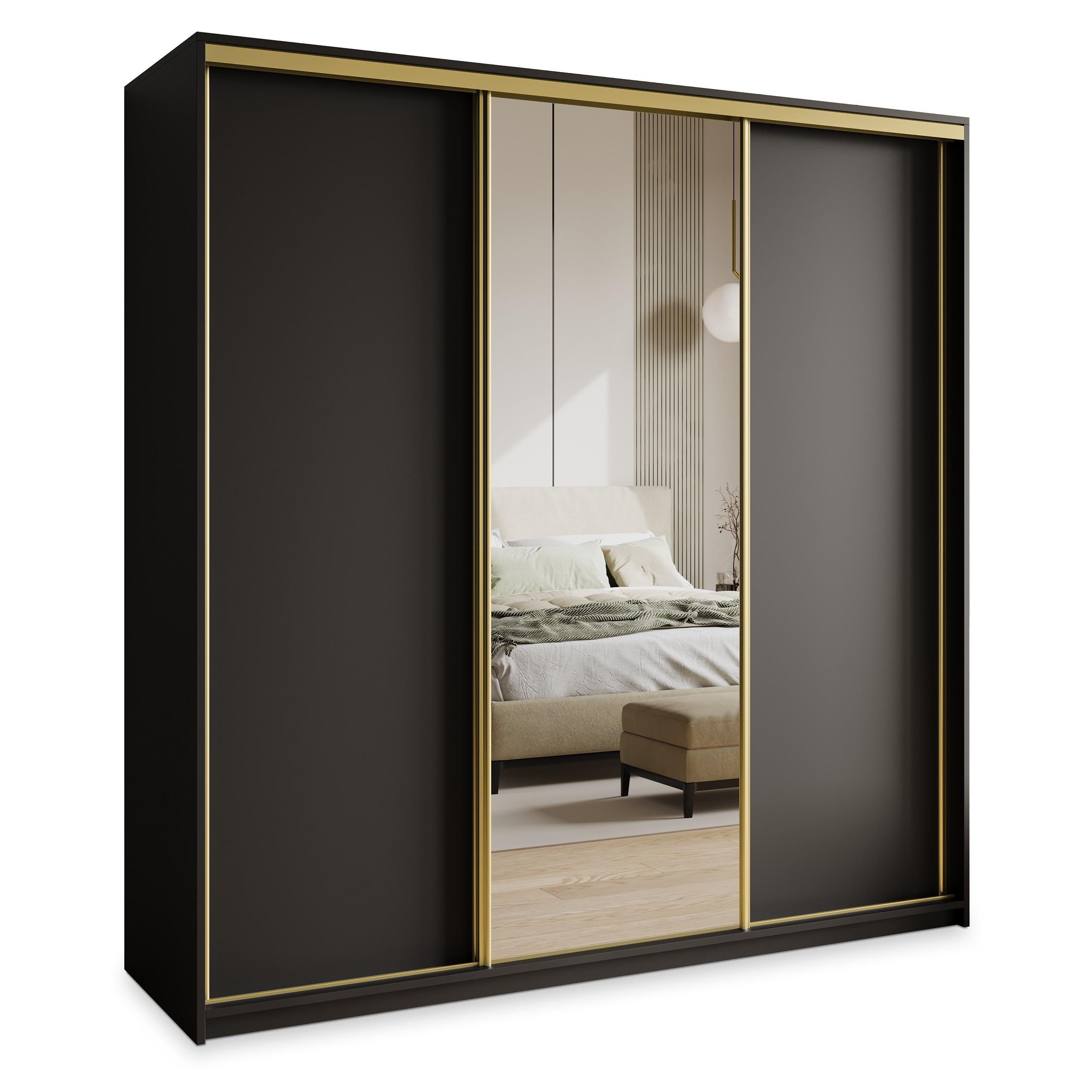 SCHWEBETÜRENSCHRANK TAVI 180/205/60 cm 3-türig mit Spiegel und Schubladen Schwarz - Goldfarben/Schwarz, Holzwerkstoff (180/205/60cm) - MASSENO