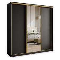SCHWEBETÜRENSCHRANK TAVI 180/205/60 cm 3-türig mit Spiegel und Schubladen Schwarz - Goldfarben/Schwarz, Holzwerkstoff (180/205/60cm) - MASSENO
