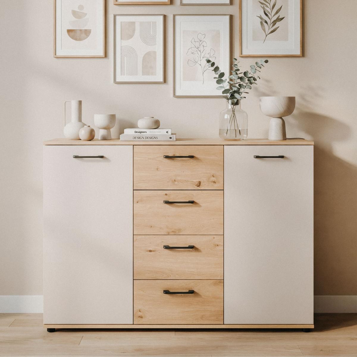SIDEBOARD mit 2 Türen, 4 Schubladen, Eicheneffekt und Kaschmir 35/85,5/120 cm - Eschefarben, Holzwerkstoff (35/85.5/43.5cm) - Calicosy