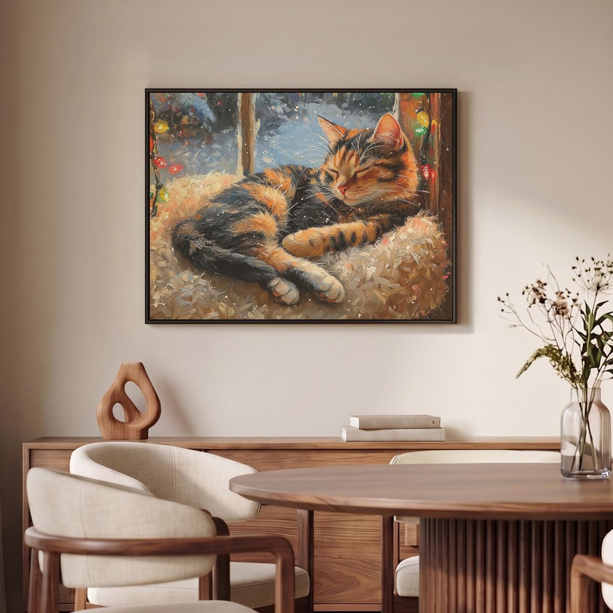 LEINWAND Bilder mit Rahmen - Katze - Weihnachten - Winter - Tier - 70x50 - Bernsteinfarben, Textil (70/50cm) - MuchoWow