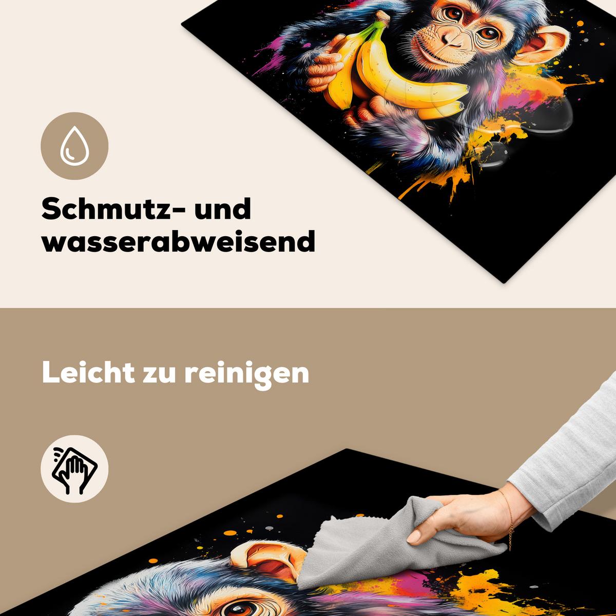 HERDABDECKPLATTE Affe - Graffiti - Farbenfroh - Bananen - Modern Ceranfeldabdeckung 76x51.5 cm - Gelb, Kunststoff (76/51.5/0.2cm) - MuchoWow