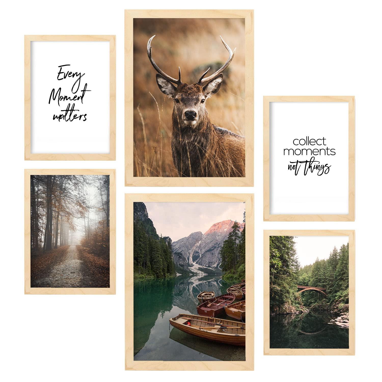 POSTER Set Mit 6 Winter Natur Wandbild A3 & A4 Rahmen Aus Hellem Holz - Beige, Papier (29/3cm) - Nacnic