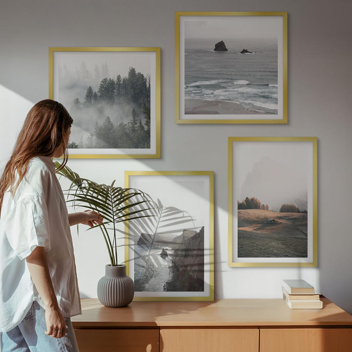 BILDER SET 4er Set - 50x50 cm & 40x60 cm Goldrahmen - Landschaften aus Bergen und Meer - Goldfarben, Kunststoff (50/50cm) - TULUP