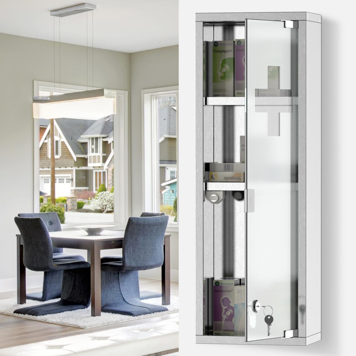 MEDIZINSCHRANK, Mattglas, 430 Edelstahl+gehärtete Glastür, Silber - Silberfarben, Glas (12/58/20cm) - Kleankin